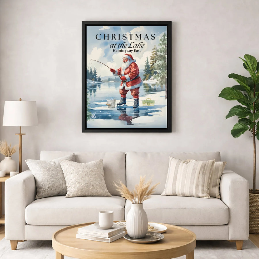 Christmas at the Lake Canvas Print | Santa Ice Fishing Winter Scene | Premium Gallery Wrap Wall Art | Rustic Holiday Cabin Decor Gift