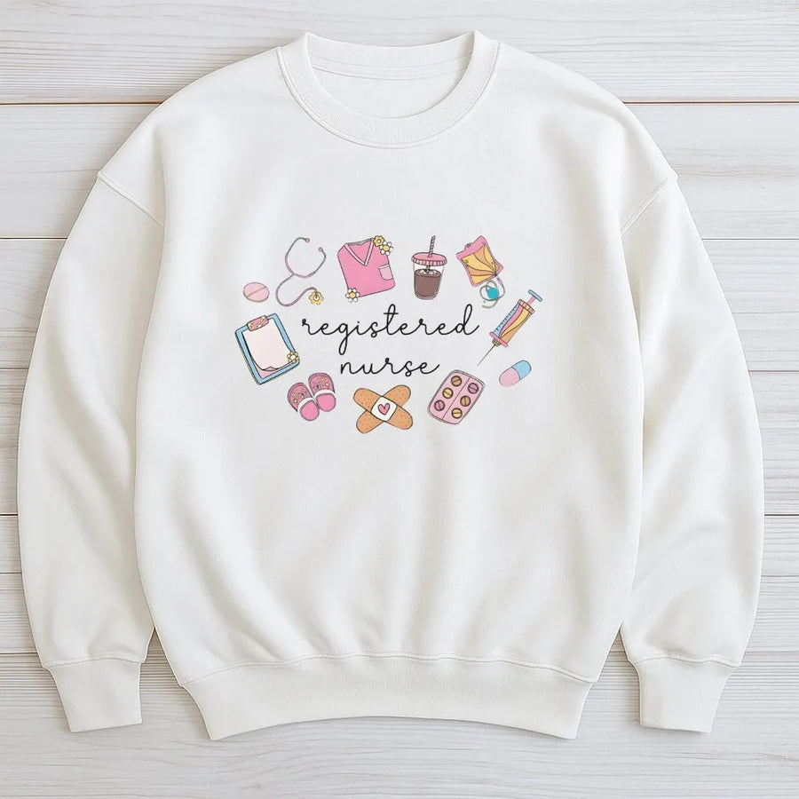Registered Nurse Sweatshirt | Cute Nurse Doodle Graphic | Soft Cotton Blend Pullover | Gift for RN Graduate and Nursing Students