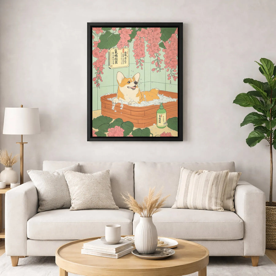 Corgi Canvas Wall Art | Japanese Ukiyo-e Style Bubble Bath Print | 1.25" Premium Gallery Wrap | Unique Dog Lover Gift Home Decor