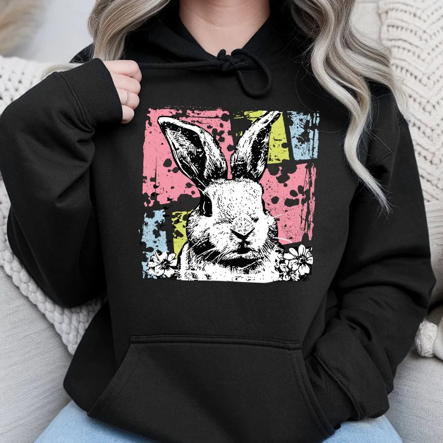 Rabbit Graphic Hoodie | Distressed Pop Art Bunny Design | Premium Cotton-Blend Unisex Pullover | Cute Spring Holiday Gift For Bunny Lovers