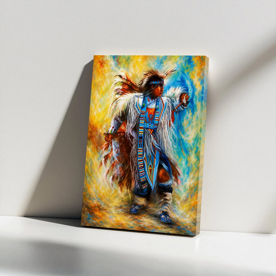Native American Dancer Vertical Canvas Print | Indigenous Pow Wow Warrior Wall Art | Premium 1.25" Stretched Gallery Wrap | Southwest Home Decor Gift