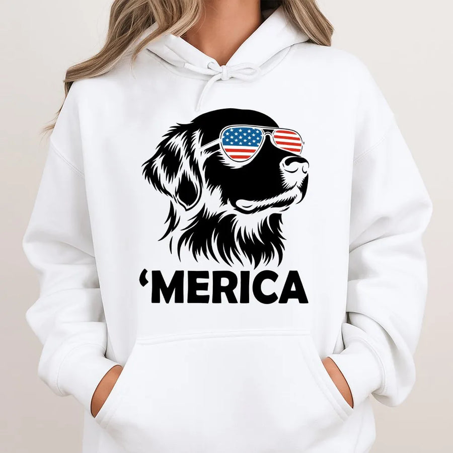 Funny Merica Pug Hoodie | Pug with American Flag Sunglasses | Cozy Unisex Pullover | Gift for Pug Owner
