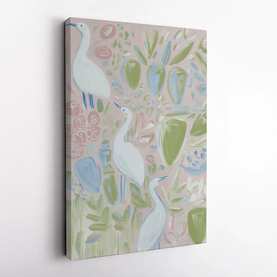 Egret Wall Art Canvas | Abstract Pastel Heron Bird Print | Modern Gallery Wrap Decor | Premium Botanical Home Decor for Living Room