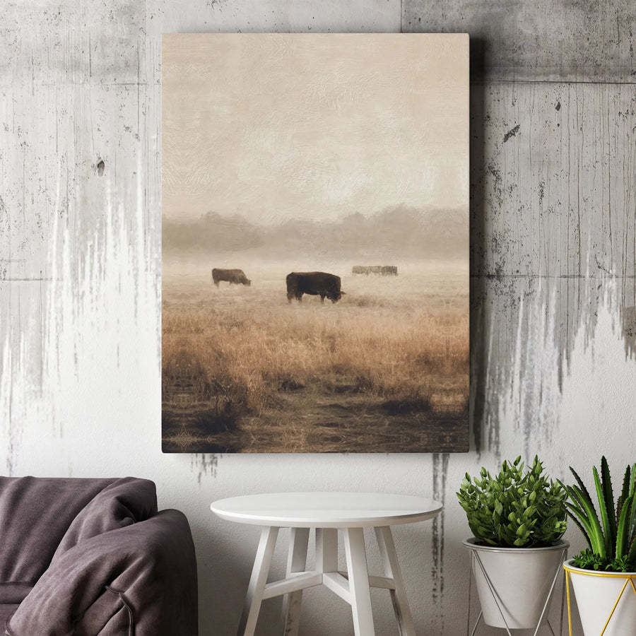 Bison Canvas Wall Art | Misty Prairie Landscape Painting | Premium High-Resolution Print | Rustic Country Farmhouse Decor Gift