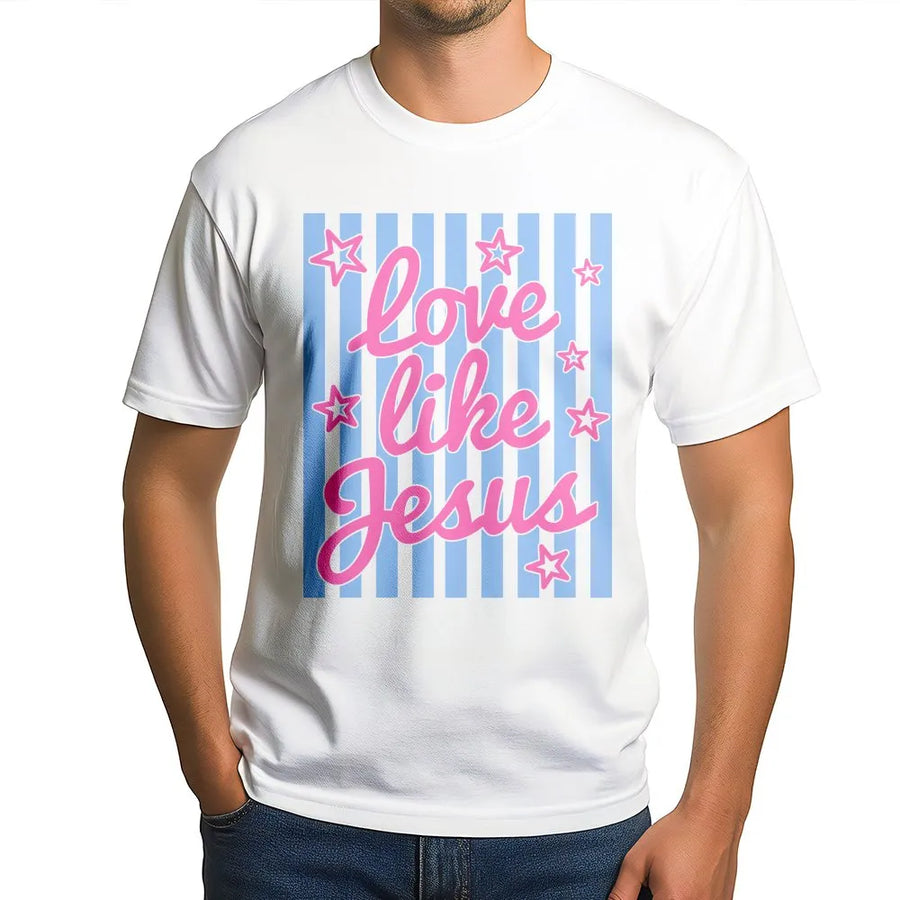 Love Like Jesus T-Shirt | Retro Striped Christian Graphic | Cozy Cotton Blend Pullover | Faith Based Apparel Gift for Women