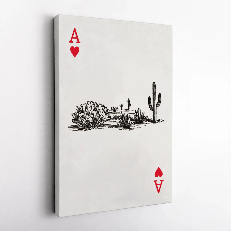 Ace of Hearts Playing Card Canvas Art | Desert Cactus Landscape Sketch | Premium Gallery Wrap Wall Decor | Unique Poker Room Gift for Gamblers