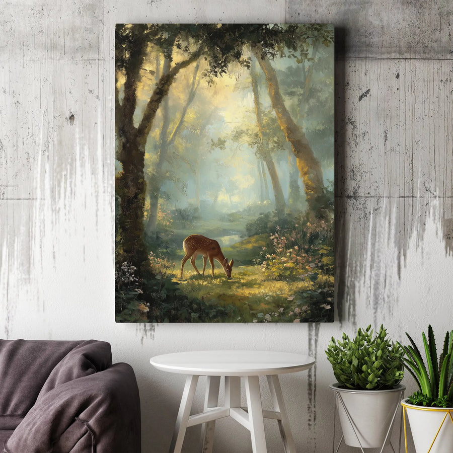 Fawn in Sunlit Forest Canvas Art | Enchanting Woodland Deer Painting | Gallery-Quality Fade-Resistant Print | Nature Lover Home Decor Gift