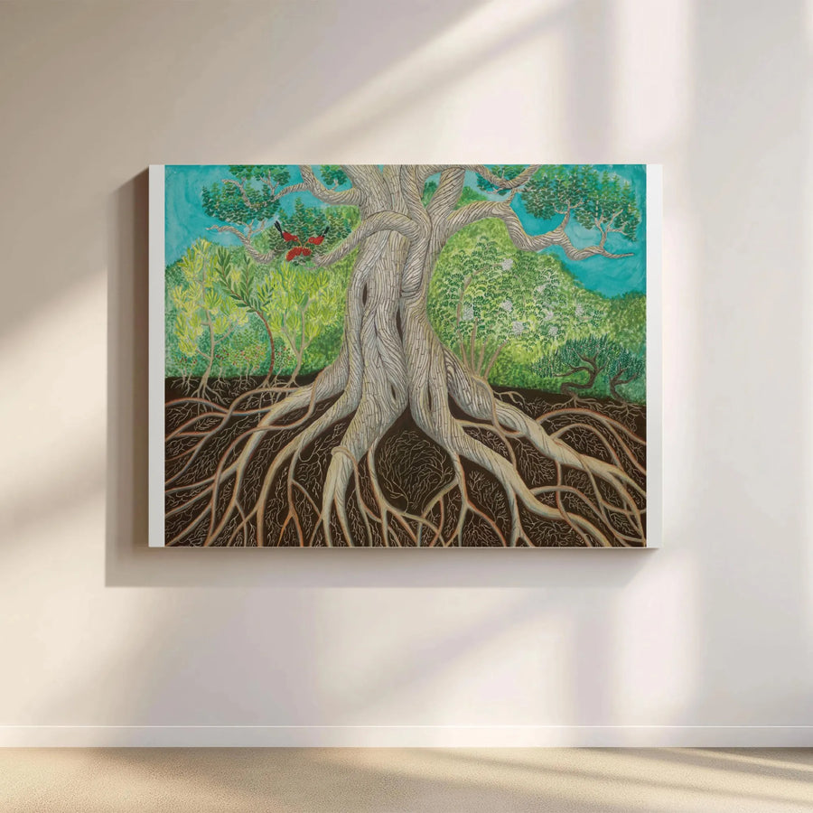 Ohia Tree Canvas Wall Art | Botanical Illustration with Iiwi Bird | Premium Fade-Resistant Print | Hawaiian Inspired Home Decor Gift