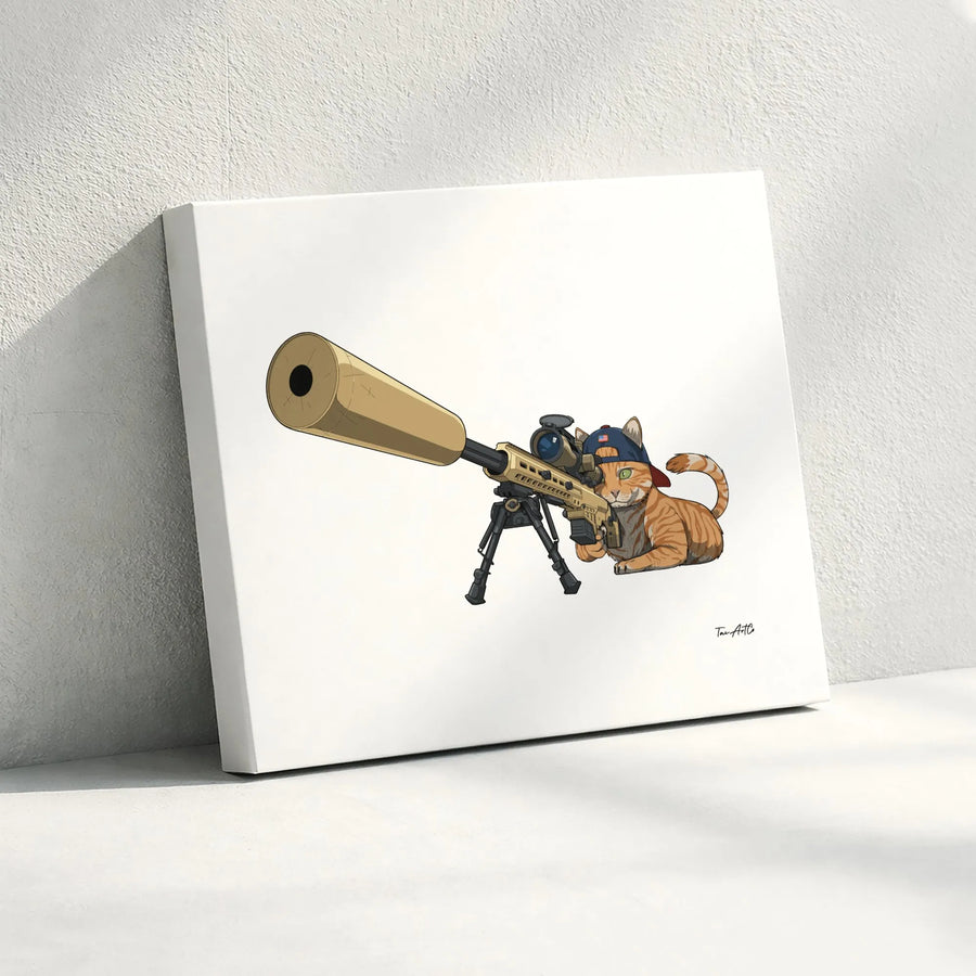 Sniper Cat Canvas Wall Art | Funny Tactical Ginger Cat with Rifle | Premium Matte Canvas Print | Unique Gift for Gun Lover & Man Cave Decor