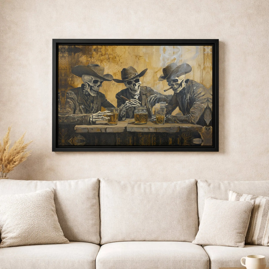 Skeleton Cowboy Canvas Wall Art | Western Saloon Whiskey Drinkers | Premium Gallery-Wrapped Print | Rustic Home Decor & Man Cave Gift