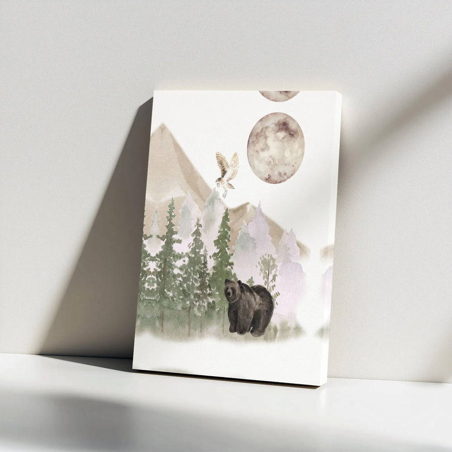 Woodland Bear and Owl Canvas Wall Art | Watercolor Forest Mountain Scene | Premium Gallery Wrapped Canvas | Rustic Nursery Decor Gift