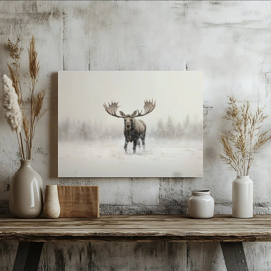 Bull Moose Canvas Wall Art | Snowy Winter Forest Landscape | Premium Fade-Resistant Print | Rustic Lodge & Cabin Home Decor