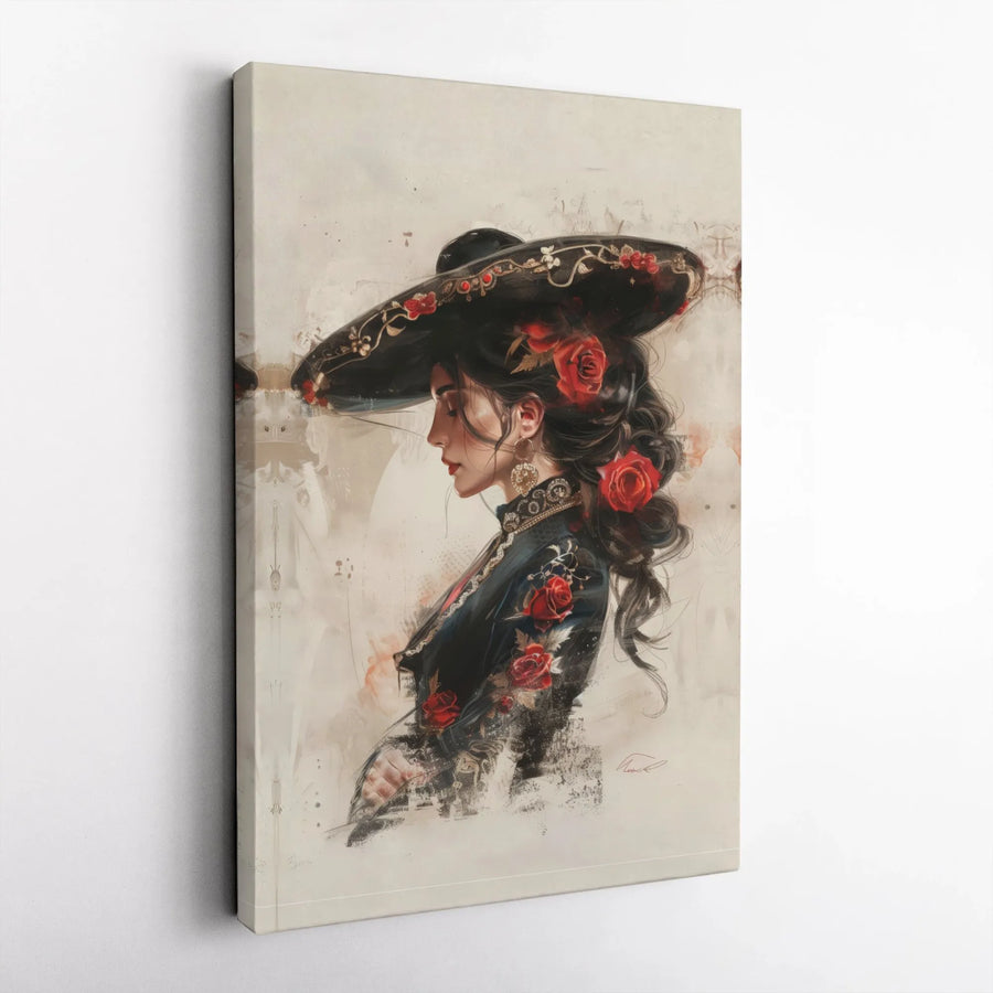 Mexican Charra Wall Art | Woman in Sombrero with Red Roses | Premium Gallery Canvas | Hispanic Heritage Home Decor Gift