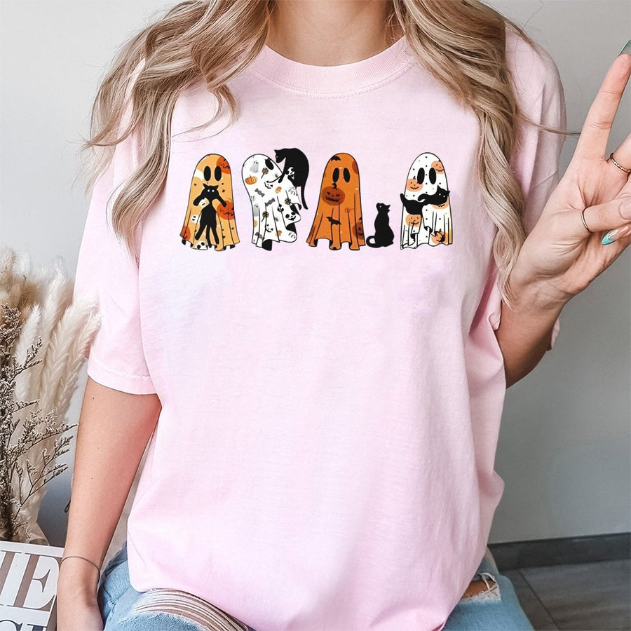 Halloween Ghost Cat T-Shirt | Cute Spooky Pumpkin Kittens Graphic | Soft 100% Cotton Premium Tee | Unisex Autumn Gift for Cat Lovers