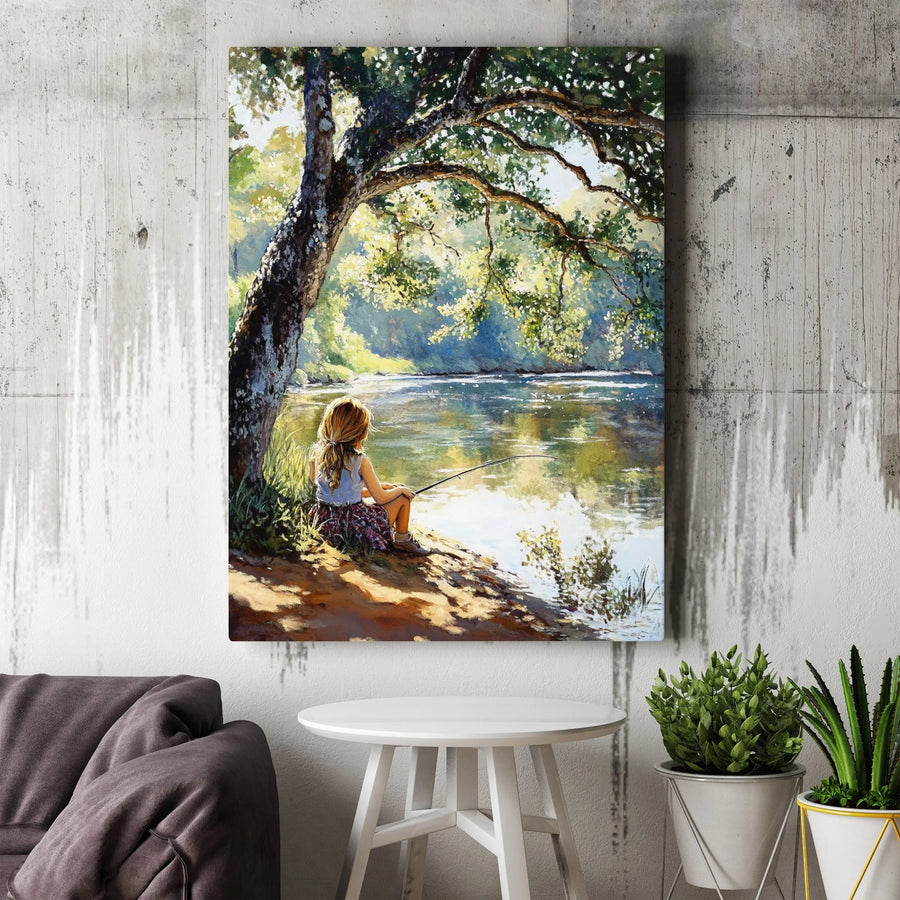 Girl Fishing Canvas Wall Art | Serene River Landscape Under Tree | Premium Gallery-Wrapped Print | Peaceful Nature Home Decor Gift