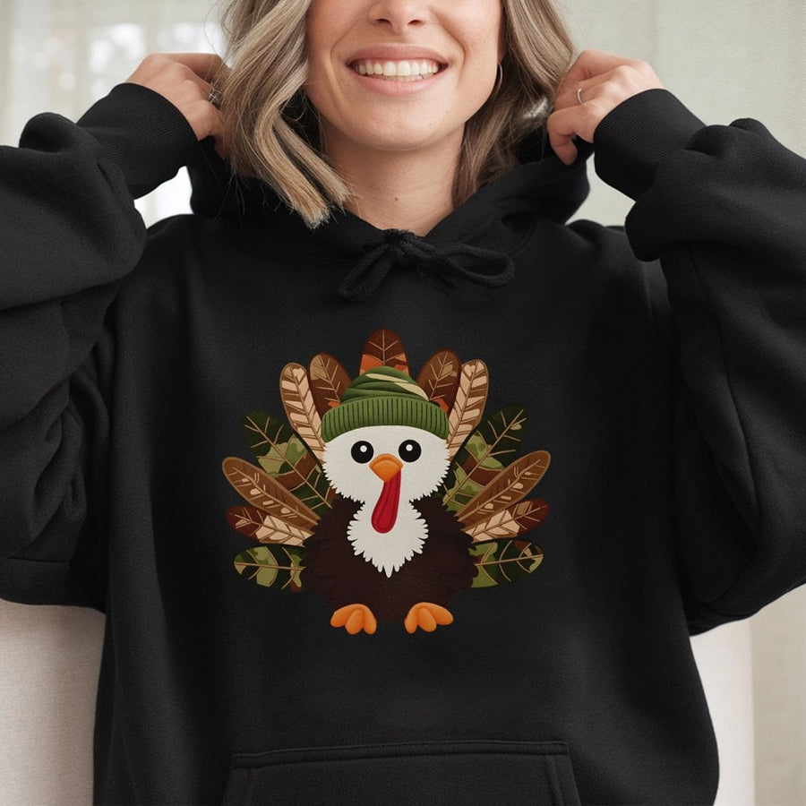 Thanksgiving Turkey Hoodie | Cute Camo Beanie Graphic Print | Premium Cotton-Polyester Blend | Unisex Fall Holiday Gift for Adults