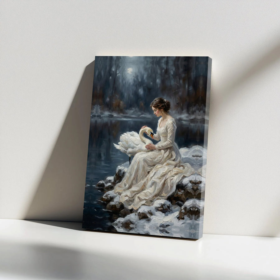 Winter Swan Lake Canvas Wall Art | Romantic Victorian Oil Painting Style | Gallery Wrapped Premium Print | Enchanted Forest Home Decor Gift