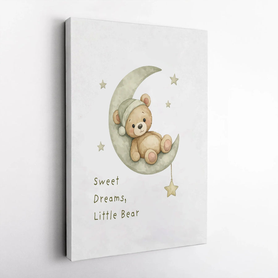 Nursery Wall Art Canvas | Watercolor Teddy Bear on Moon | Premium 1.25-Inch Gallery Wrap | Sweet Dreams Baby Room Decor Gift
