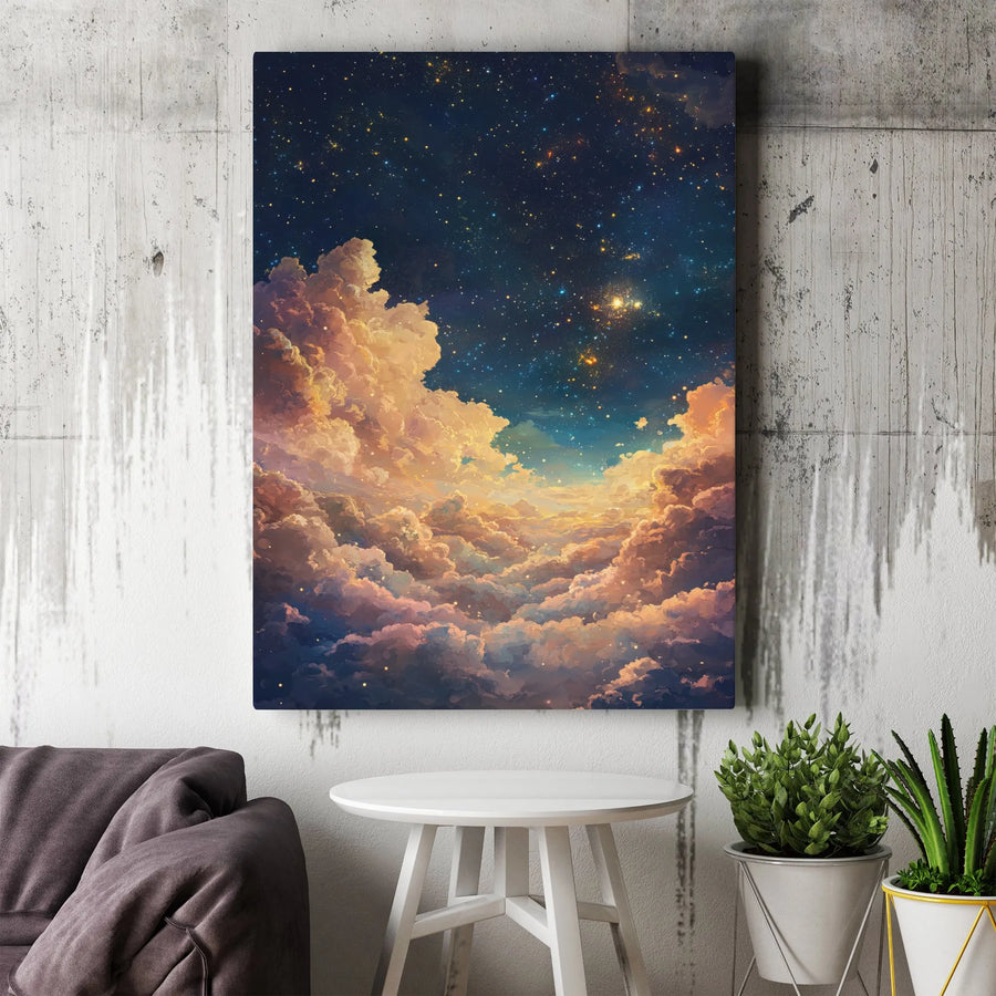 Celestial Starry Night Sky Canvas Wall Art | Glowing Clouds Galaxy Print | Premium Gallery Wrapped Decor | Dreamy Cosmic Home Office Gift
