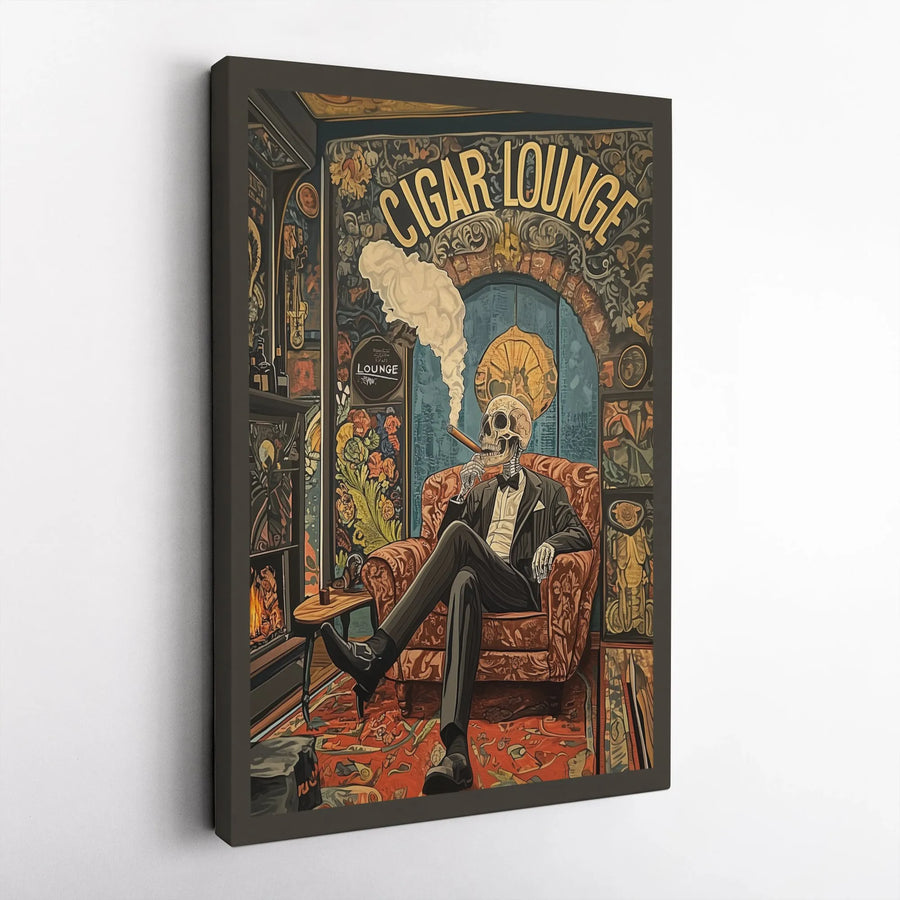 Cigar Lounge Skeleton Canvas Art | Vintage Smoking Gentleman Wall Decor | Premium Fade-Resistant Gallery Wrap | Sophisticated Home Bar Gift