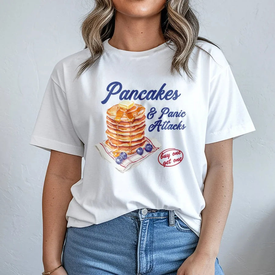 Pancakes and Panic Attacks T-Shirt | Funny Breakfast Food Graphic Tee | Premium 100% Cotton Soft Shirt | Sarcastic Gift for Women & Men