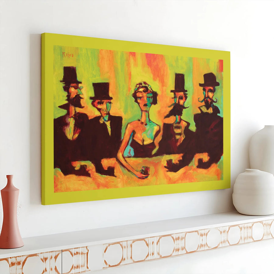 Expressionist Bar Scene Canvas Art | Vintage Top Hat Men Painting | Gallery Wrapped Premium Print | Unique Home & Office Decor Gift