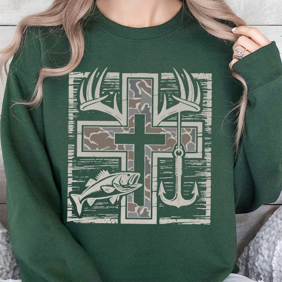 Camo Cross Hunting Fishing Sweatshirt | Deer Antlers and Fish Hook Graphic | Premium Cotton Blend | Faith-Based Outdoor Gift for Men and Women