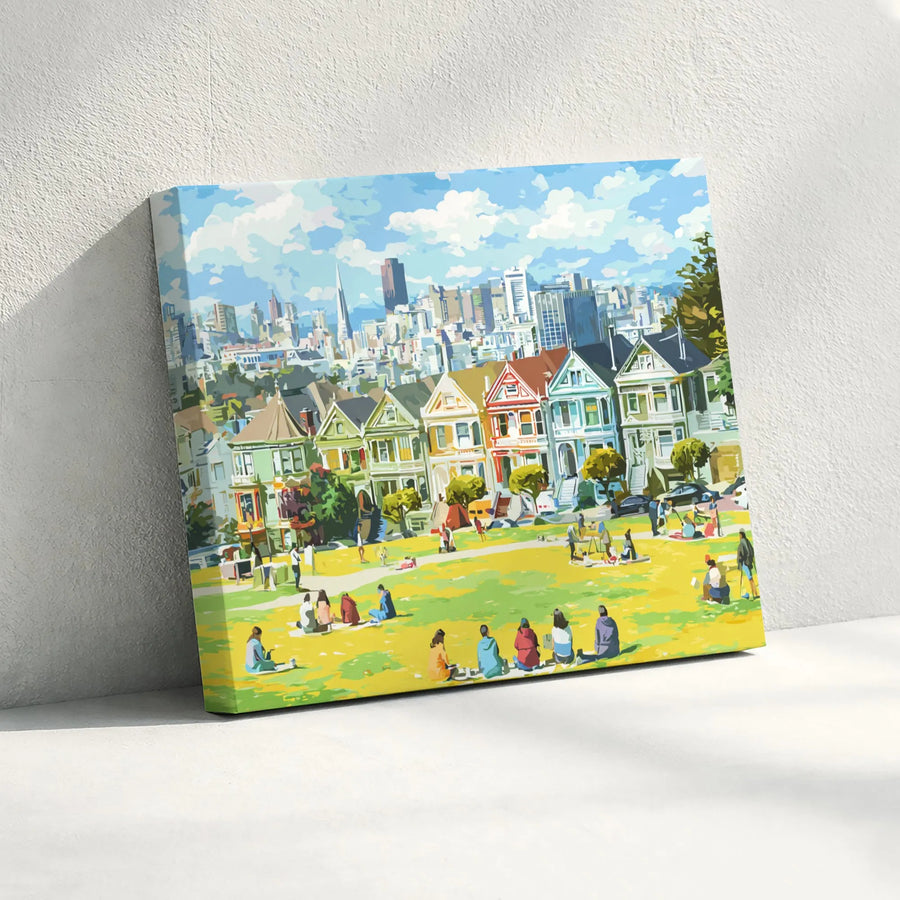 San Francisco Wall Art Canvas Print | Vibrant Painted Ladies Illustration, Alamo Square | Premium Gallery Wrap Canvas | California Home Decor Gift
