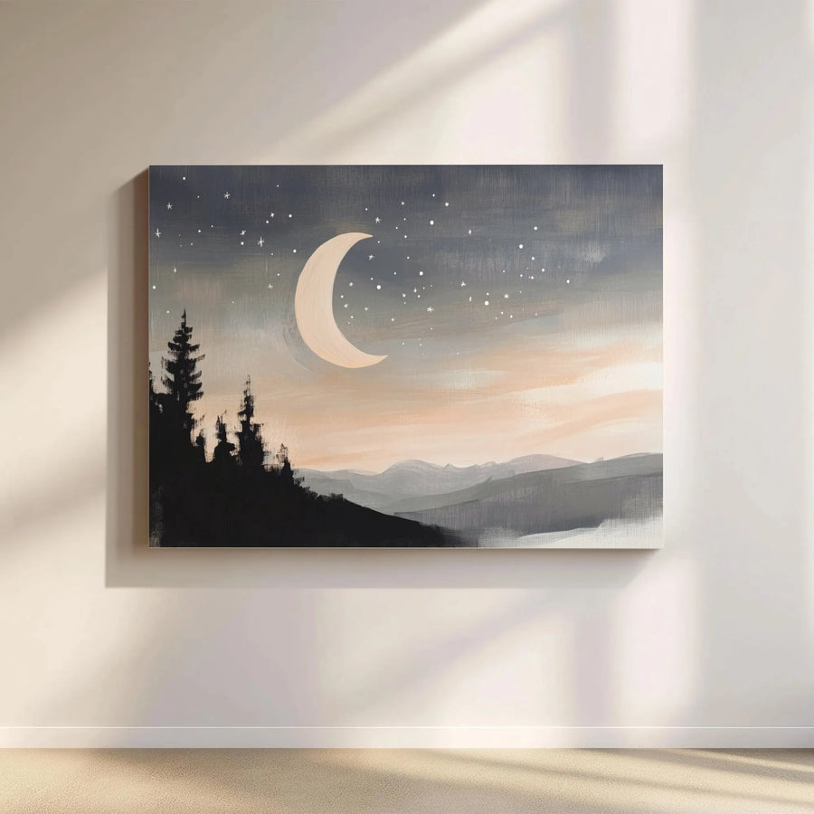 Crescent Moon Wall Art | Minimalist Mountain Forest Landscape | Premium Gallery Wrapped Canvas | Serene Nature Home Decor Gift