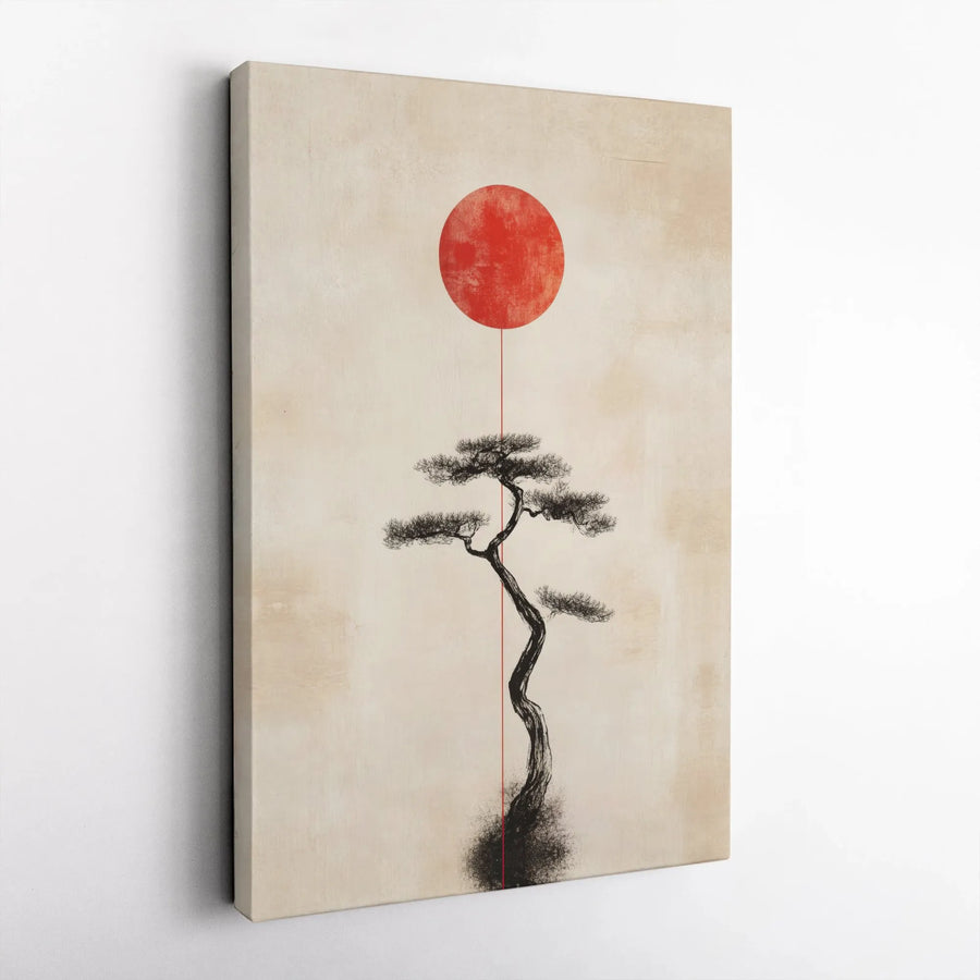 Japanese Bonsai Tree Canvas Wall Art | Minimalist Red Sun Ink Wash Design | Gallery Quality 1.25" Profile | Zen Home Decor for Living Room