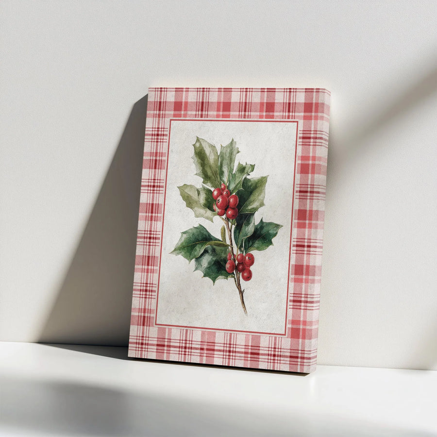 Christmas Holly Canvas Wall Art | Watercolor Berries Red Plaid Border | Premium Gallery Wrap Print | Festive Holiday Home Decor Gift