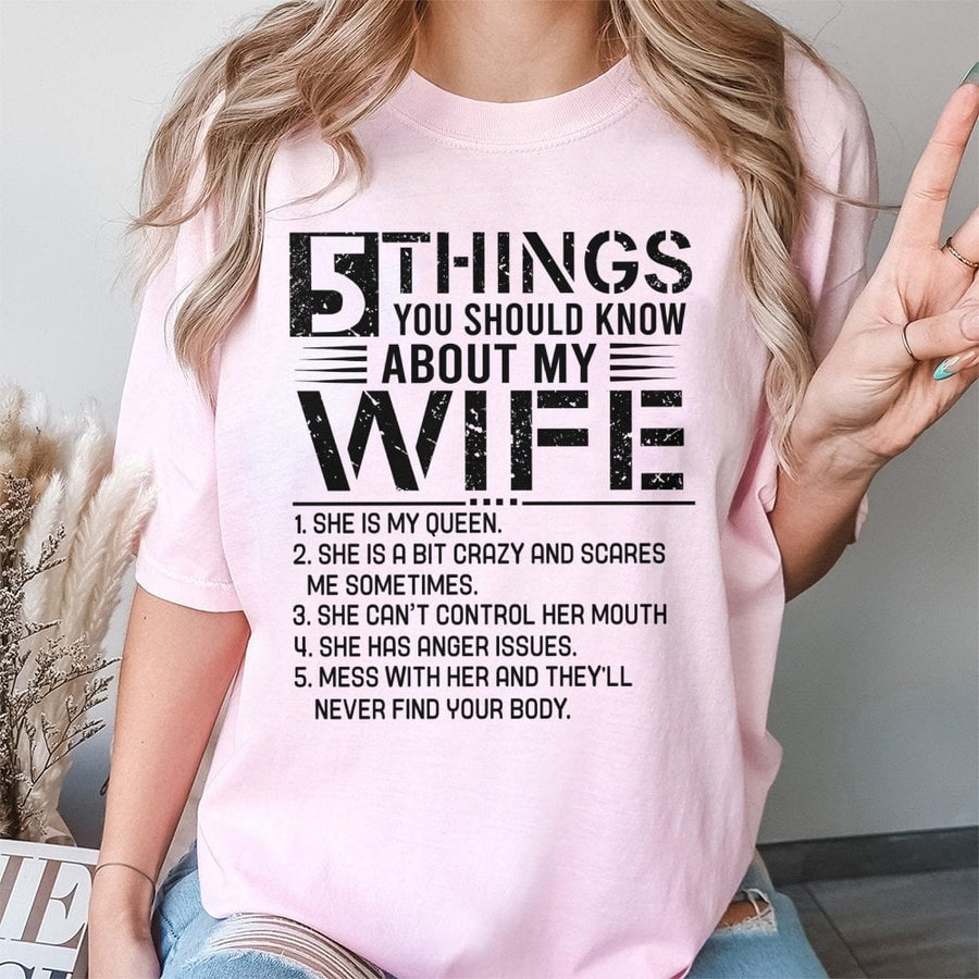 5 Things You Should Know About My Wife T-Shirt | Funny Husband Graphic Tee | 100% Premium Cotton | Gift for Husband, Anniversary, Birthday