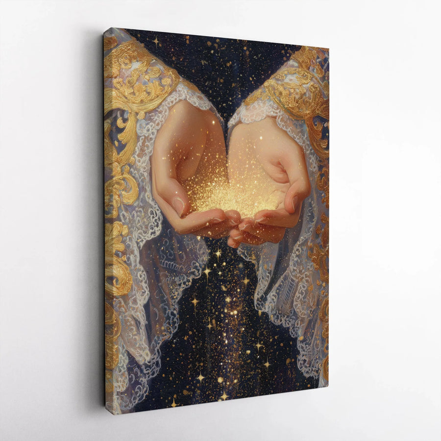 Magical Stardust Canvas Print | Vintage Fantasy Art of Hands Holding Gold | Premium 1.25" Thick Canvas | Collector's Wall Art Gift for Her
