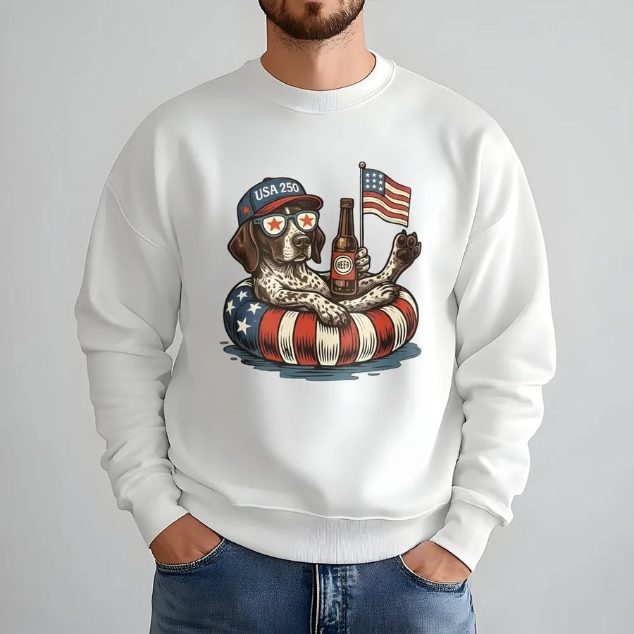 Patriotic Dog Sweatshirt | Funny USA 250 Puppy Graphic with Beer & Flag | Soft Cotton Tee | 4th of July Gift for Dog Lover