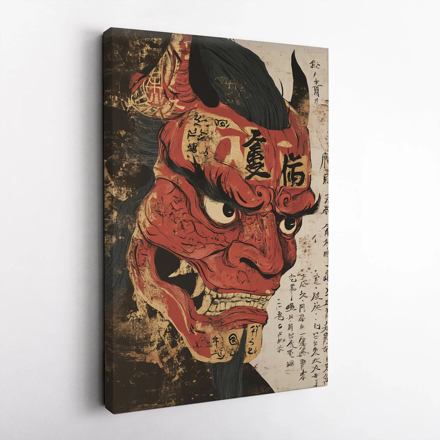 Japanese Red Oni Mask Wall Art | Ukiyo-e Style Kanji Decor | Premium Gallery Wrap Canvas | Gothic Home Office Decor Gift