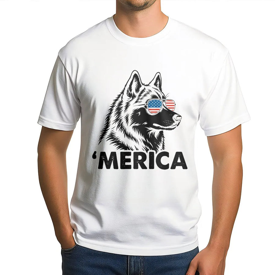 Patriotic Husky T-Shirt | 'Merica Dog with American Flag Sunglasses | Soft 100% Cotton Tee | Funny Fourth of July Gift for Men