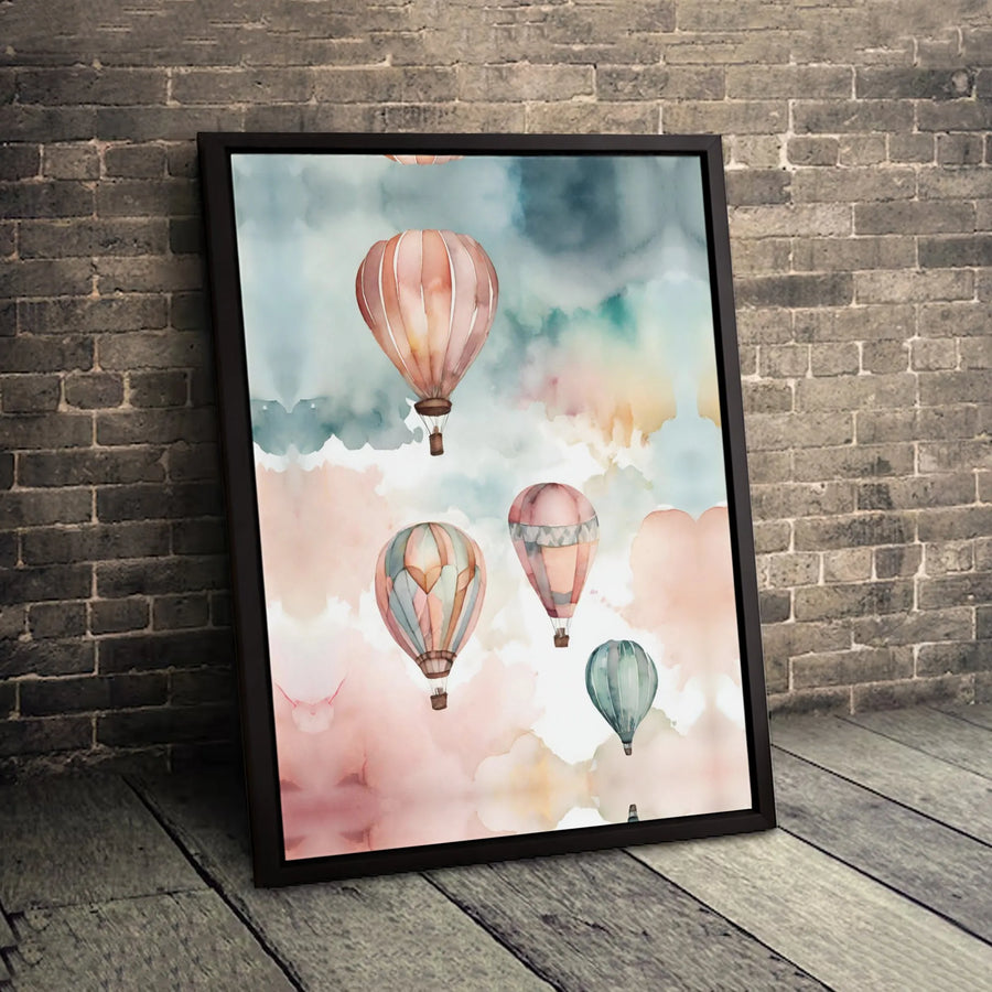 Hot Air Balloon Wall Art | Watercolor Pastel Clouds Print | Premium Gallery-Wrapped Canvas | Nursery & Living Room Decor Gift