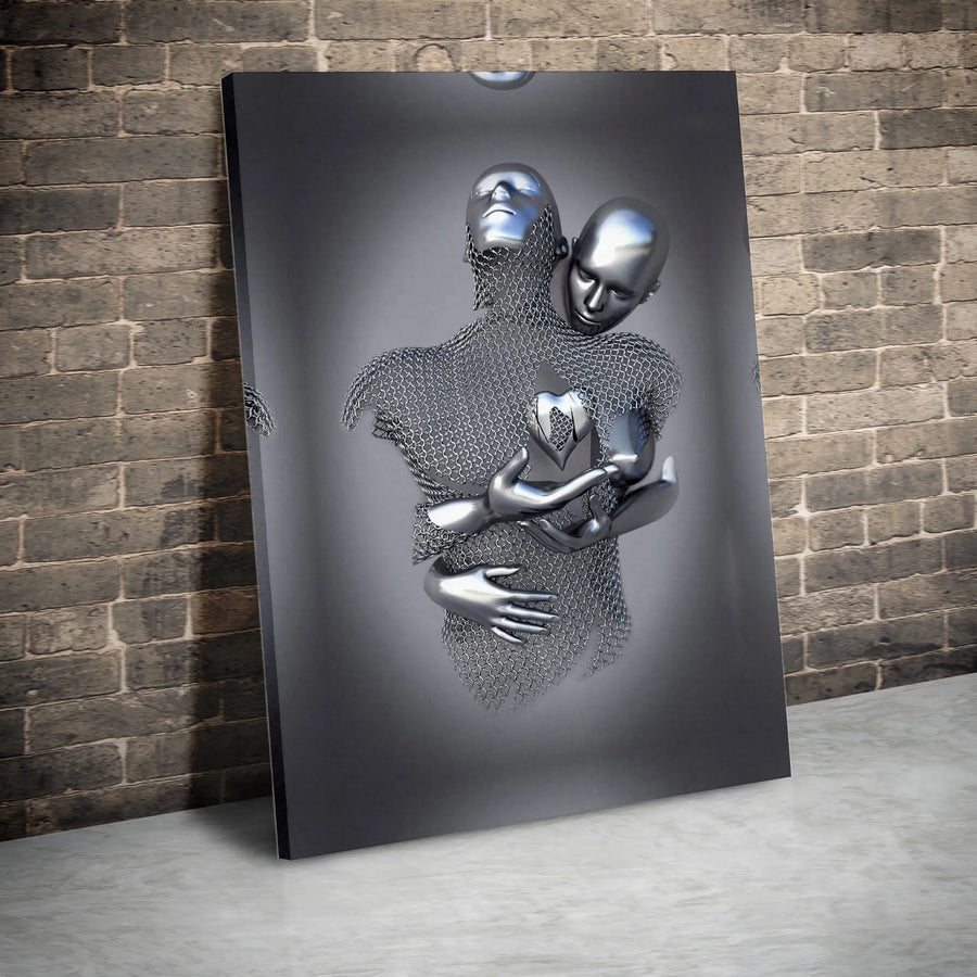 Abstract Metallic Embracing Figures Wall Art | Modern Chainmail Couple with Heart | Premium 1.25-Inch Canvas Print | Unique Romantic Home Decor Gift