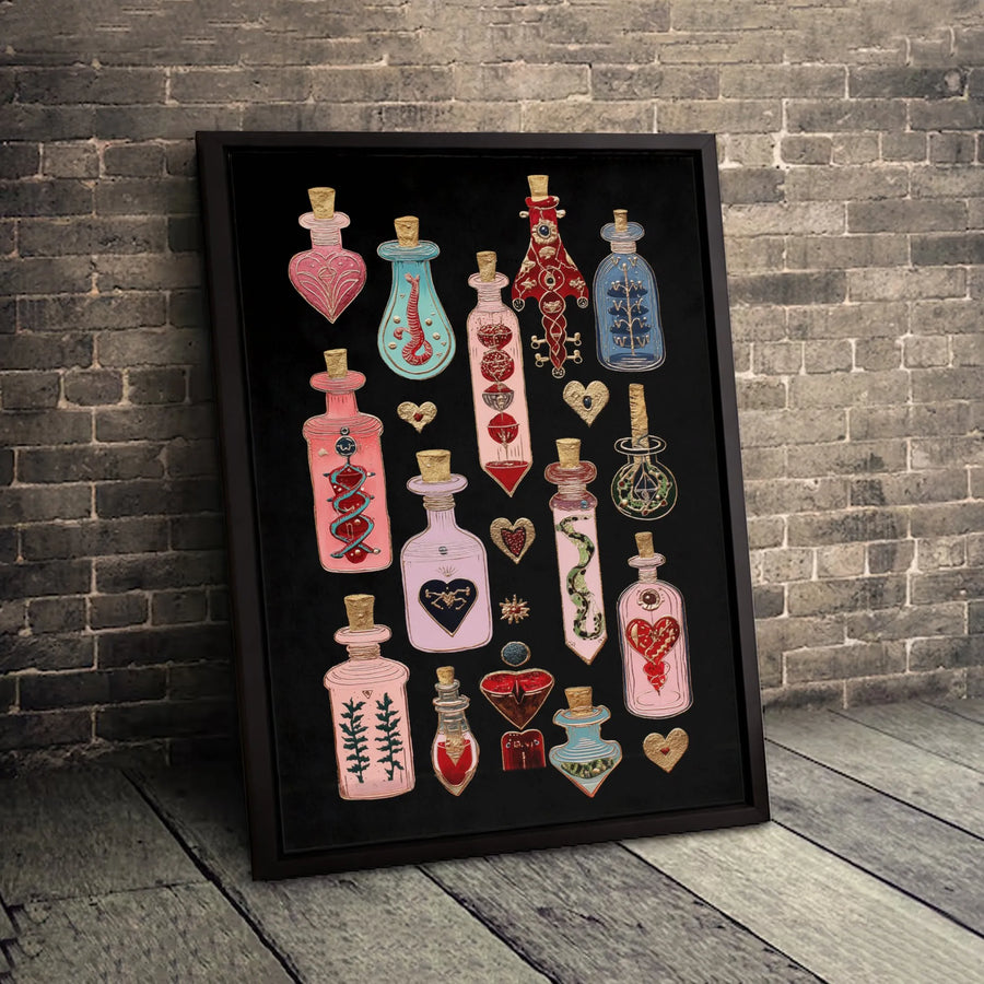 Magic Potion Bottles Wall Art | Whimsical Witchy Decor Illustration | Premium Gallery Wrapped Canvas | Gift for Fantasy Lovers