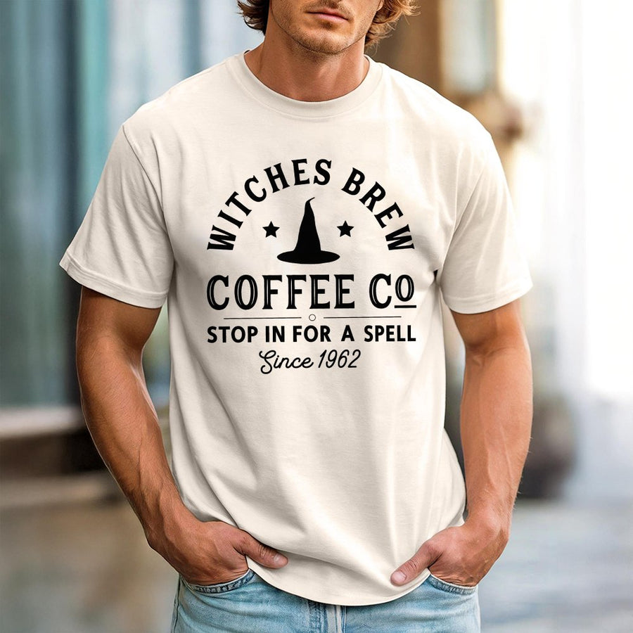 Witches Brew Coffee Co T-Shirt | Funny Witch Hat Halloween Graphic | 100% Cotton Premium Tee | Spooky Gift for Coffee Lovers