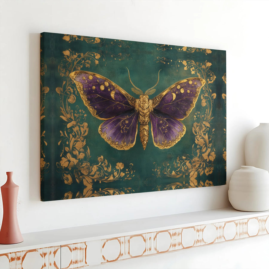 Mystical Moth Wall Art | Purple And Gold Filigree Canvas Print | Premium Gallery Wrap Decor | Bohemian Nature Gift For Home Office