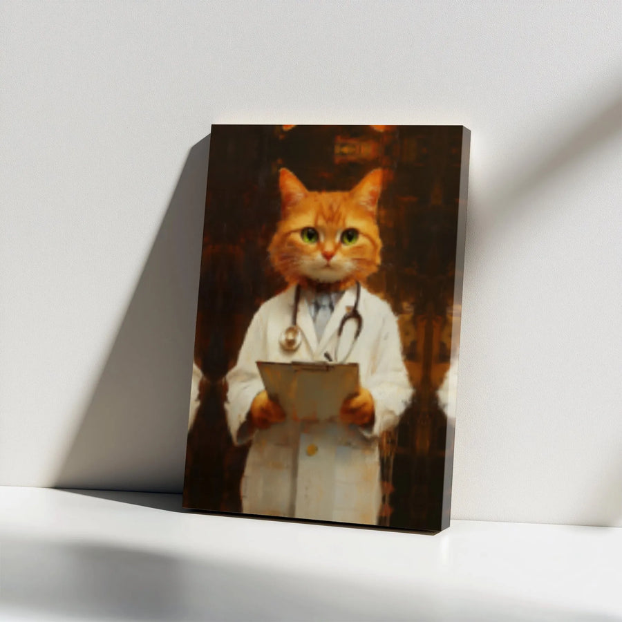 Orange Cat Doctor Canvas Wall Art | Whimsical Ginger Kitten Physician Portrait | Premium Gallery Wrap Print | Funny Veterinarian Office Decor Gift