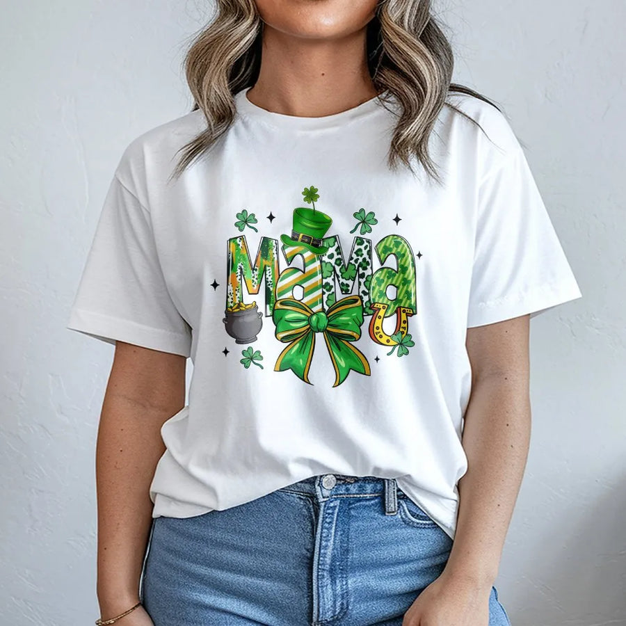 St. Patrick's Day Mama Shirt | Lucky Clover Leopard Print Graphic | Premium Soft Cotton Tee | Cute Gift for Mom, Irish Holiday Outfit