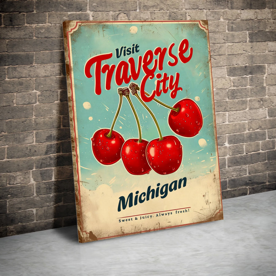 Traverse City Michigan Cherry Poster | Vintage Travel Wall Art | Premium Gallery-Wrapped Canvas | Gift for Michigan Lovers and Foodies