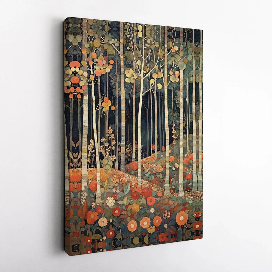 Art Nouveau Forest Canvas Wall Art | Vintage Folk Art Woodland Scene | Premium Gallery Wrapped Canvas Print | Botanical Home Decor Gift for Nature Lovers