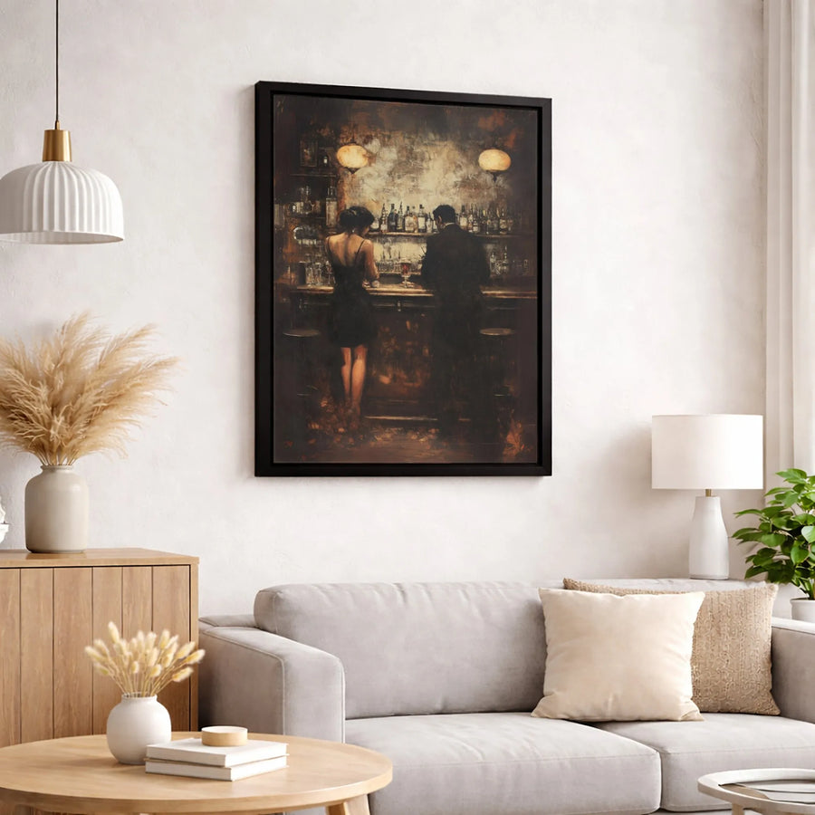 Couple At The Bar Canvas Art | Moody Impressionist Oil Painting Style | 1.25 Inch Gallery Wrap Premium Print | Romantic Home Decor Gift