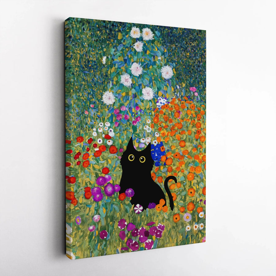 Black Cat Wall Art | Gustav Klimt Style Garden Painting | Premium 1.25-Inch Gallery Canvas | Whimsical Floral Cat Lover Gift