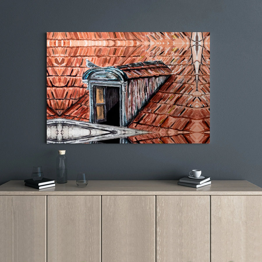 Pigeon on Rooftop Canvas Print | Watercolor Dormer Window Art | Gallery Wrap Wall Decor | European Architecture Gift for Home Office