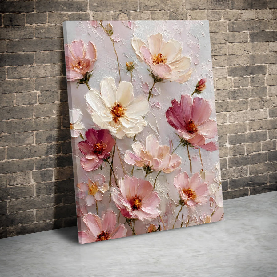Pink Cosmos Floral Canvas Print | Impasto Oil Painting Style | Premium Fade-Resistant Wall Art | Elegant Home Decor Gift For Her