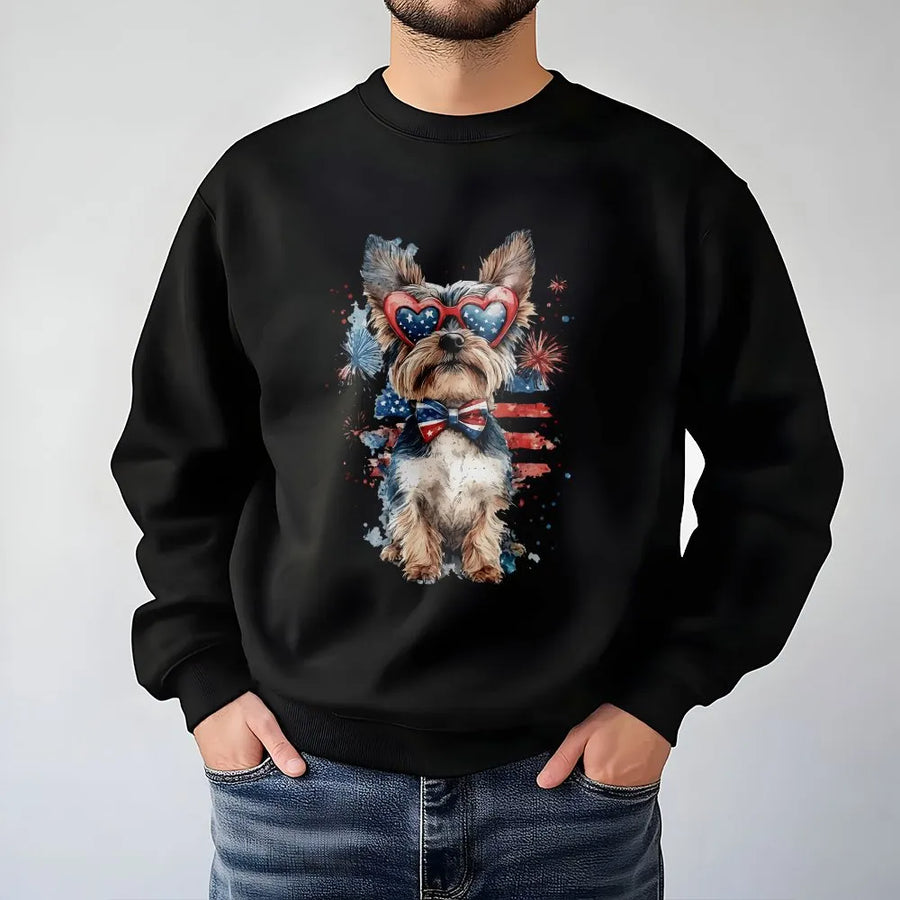 Patriotic Dog Sweatshirt | Watercolor Pup with USA Flag Sunglasses | Premium Cotton-Blend Sweatshirt | 4th of July Gift for Dog Lover